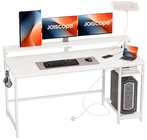 JOISCOPE Computer Desk, 152cm White Desk with Power Outlets, USB & Type-C, Shelves, PC Stand and Hooks, Home Office Workstation