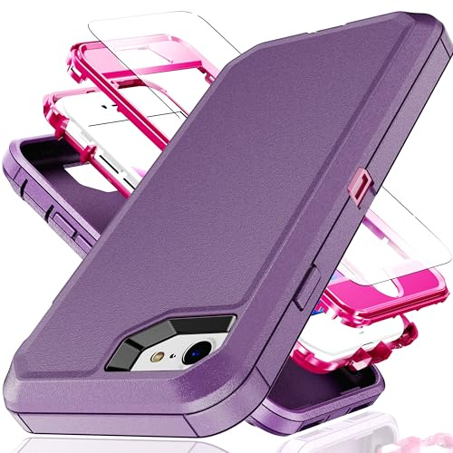 YmhxcY for iPhone SE 2020/2022 Case, iPhone 7/iPhone 8 Case 4.7-Inch with Explosion-Proof Screen Protector,3 in 1 Shockproof TPU Hard PC Bumper Drop-Proof Shell for iPhone 7/8-Purple