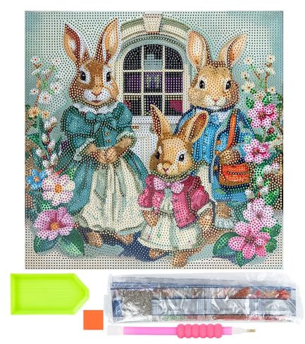 Ideen mit Herz Diamond-Painting-Motivleinwand auf Keilrahmen | 30 cm x 30 cm | Set inkl. Werkzeug (Hasenfamilie)