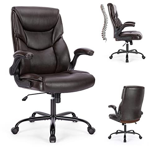 Sweetcrispy Chefsessel PU Leder Bürostuhl Ergonomisch, Schreibtischstuhl mit Armlehnen, Ergonomischer Computerstuhl mit Hoher Rückenlehne, Gaming PC Drehstuhl für Arbeit Ruhe, Dunkel Braun