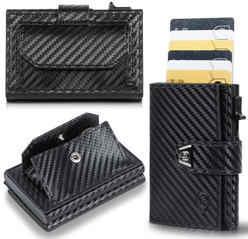 GenTo - Slim Wallet mit Münzfach - Geldbeutel Herren für 10 Karten - Geldbörse mit RFID Schutz - Smart Wallet - kleines dünnes Kartenetui - Portemonnaie (Carbon, Maxi Münzfach)