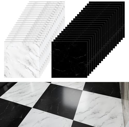 CYEER 40 Stück 30x30CM Selbstklebende Bodenfliesen Schwarz Weiß, 2 Texturen Vinylboden Selbstklebend Wasserfest, Klebevinyl Selbstklebend für Küche, Wohnzimmer, Badezimmer (Schwarz & Weiß Marmoriert)