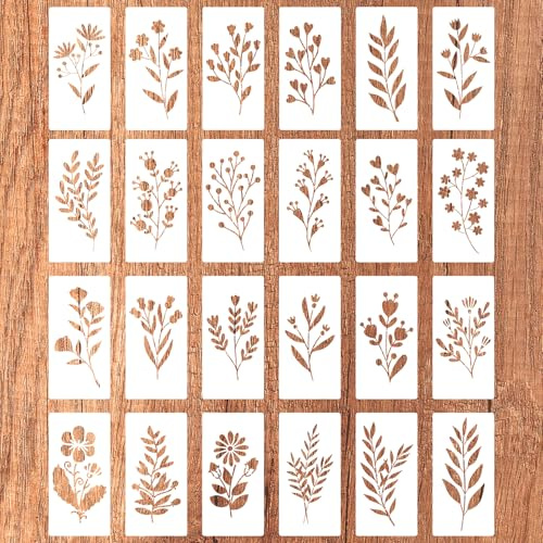 24st Vilda Blommor Målarmallar, Återanvändbara Blommallar Blommor och Löv Hantverksmallar Botaniska Konstschabloner Vildblommans Stenciler för Målning av Trä Väggdörrhantverk Canvas Heminredning