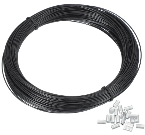 PATIKIL 20 Pezzi 1mm Cavo In Acciaio 30 M Nero Per Appendere Luci | 304 Filo In Acciaio Inossidabile Rivestito In Vinile, Con 20 Pezzi Di Manicotti Di Crimpatura M1, Filo Per Bucato Filo