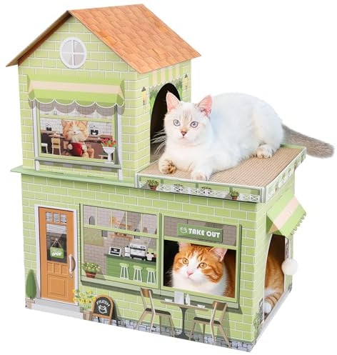 Cardboard Cat Houses for Indoor Cats - Kitten Scratcher Houses & Condos, Cafe Themed Hut Hideout Play House Bed with Scratching Pads, Scratch Box for Large Kitty Rabbit Bunny Small Animals