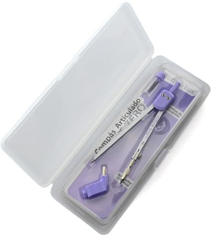 Office Box Compas Escolar T-Zero - Compas Articulado en Caja Rígida Resistente a Golpes y Durable con 3 Piezas : Compas Metálico, Estuche con Minas de Recambio y Adaptador Universal. (Lila)
