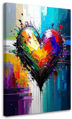 Feeby Wandbilder - Bilder Schlafzimmer - Graffiti Buntes Herz Abstrakt - 60x90 1tlg - Wohnzimmer Bild Groß - Wohnungs - Foto Geschenk - Leinwand Wall Art - Wand Deko