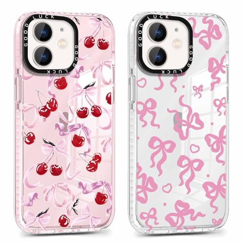 Foonary 2 Pack Cute Bow Heart Print Phone Case for iPhone 12/iPhone 12 Pro 6.1, Fashion Design Soft Slim Clear Case Shockproof TPU Bumper Protective Cover for Women Girls