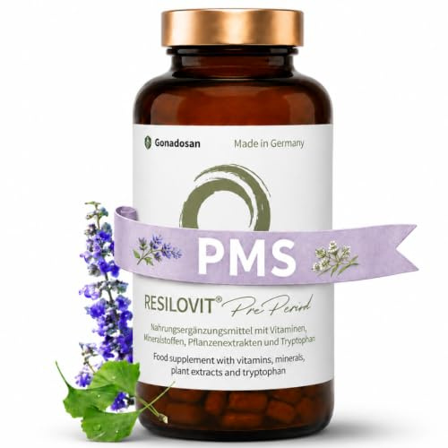 Resilovit PrePeriod – PMS Kapseln - Hormonelle Balance - Mönchspfeffer, Tryptophan, Frauenmantel & B 6 – Vitamine & Mineralstoffe – Natürlich, hormonfrei, vegan - 60 Kapseln
