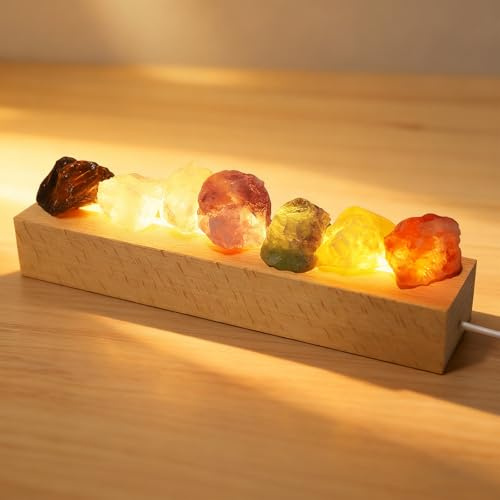 Sju färger saltlampa med LED-träbas, saltkristalllampa dimbar med USB, kristall sten nattlampa sänglampa, mysigt ljus för yoga spa meditation vardagsrum dekoration (kabelansluten)