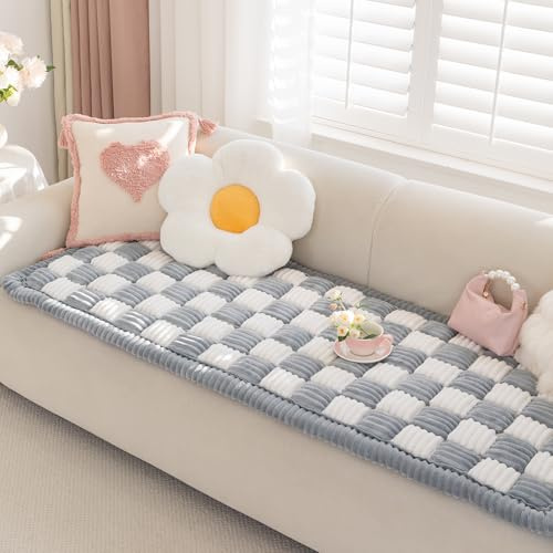 AEEISHOMEREFORM Sofaüberwurf rutschfest waschbar, Flanell Couchauflage extra dick mit Anti-Rutsch-Unterseite, Sofaschoner für 2/3/4-Sitzer & Haustiere, Karo (grau, 70x180cm)