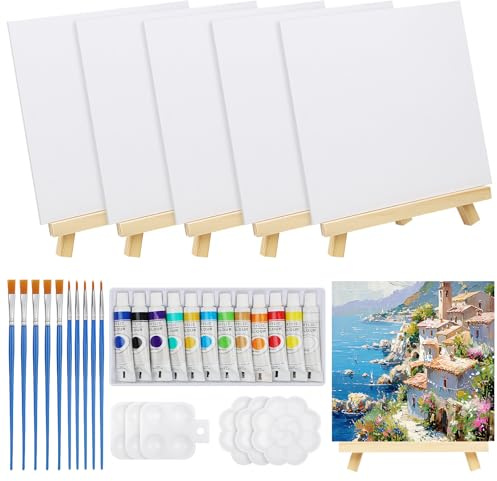38 Pcs Mini Canvas and Easel Set, Canvas Painting Set | Includes 20x20cm Canvas Boards, Mini Wooden Easel, Palettes, Paintbrushes and Acrylic Paint, for Oil Painting, Watercolour