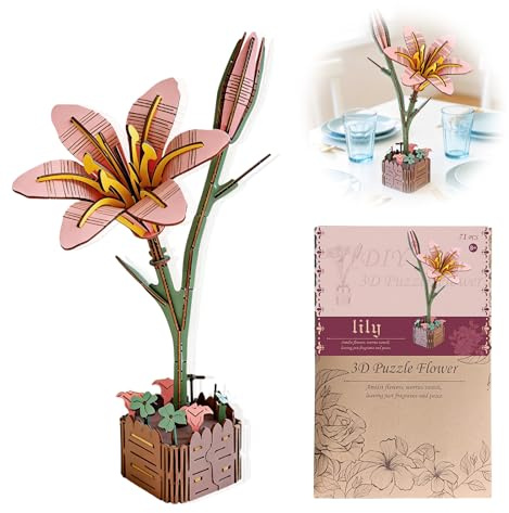 Vase Puzzle en Bois Lys 3D, Puzzle en Bois Fleur en Bois à Assembler avec Pot Décoratif, Puzzle Bois 3D 20 cm pour Décoration Bureau, Activité Créative et Idée Cadeau