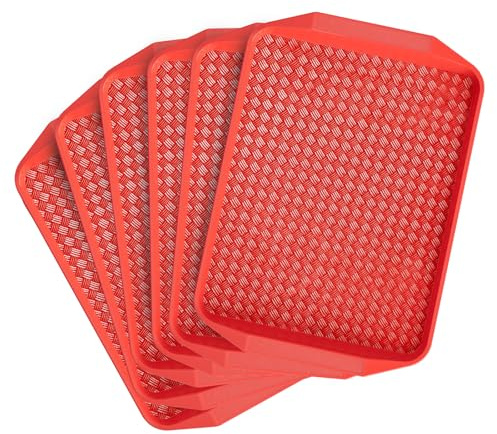 GATBO 6 Pack Serving Tray Set, Rectangular Tray with Grip Handles 43.3 x 30.3cm, Reusable Surface Serving Platters for Dinner and Drinks, Stackable Food Trays for Waiters Bar, Restaurant, Home (Red)