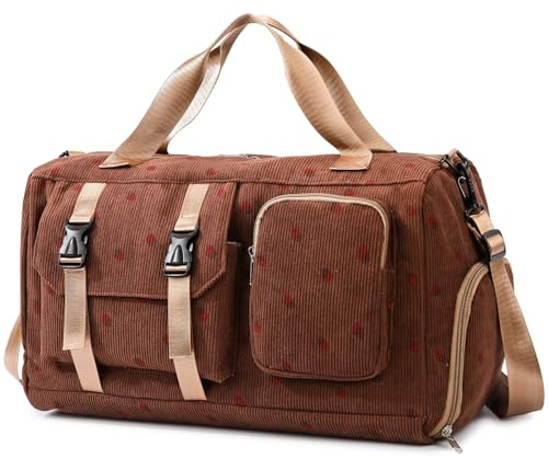 unisoul Corduroy Sports Gym Bag for Women Girls with Shoes Compartment | Foldable Strawberry Overnight Weekend Travel Bag, Wet Pocket, Cute Dance Swimming Bag with Luggage Sleeve, Brown