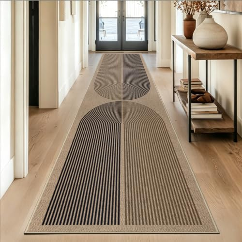 Capslpad Teppich Läufer Flur 80x400cm Rutschfester Waschbar Flurteppich Jute-Look Küchenteppich Teppichläufer für Küche,Wohnzimmer, Korridor, Eingang, Schwarz Braun