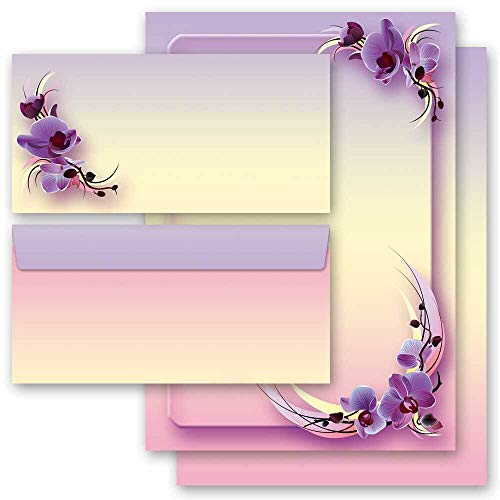 Briefpapier Set, 20 tlg. Blumen & Blüten, ORCHIDEENBLÜTEN 10 Blatt Briefpapier + 10 passende Briefumschläge DIN LANG ohne Fenster | Paper-Media