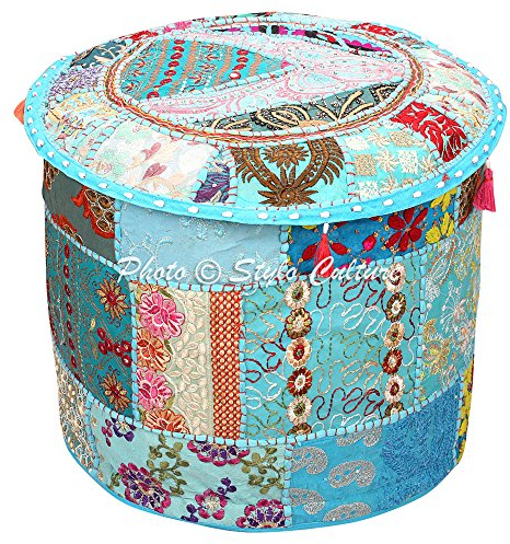Stylo Culture Stoff Osmanischen Hocker Vintage Cover Türkis Indische Bestickte Patchwork Baumwolle Traditionelle Runde Osmanischen Hocker Abdeckung (18x18x13 Zoll) 45 cm