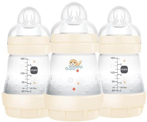 MAM Easy Start Anti-Colic Bottle, 5 oz (3-Count), Newborn Essentials, Slow Flow Bottles with Silicone Nipple, Unisex Baby Bottles, White