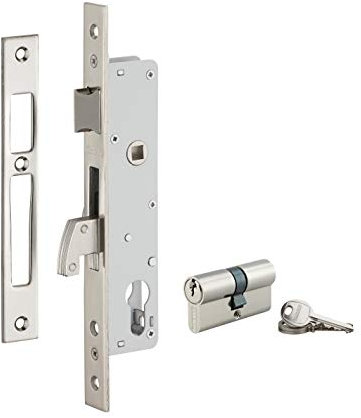 THIRARD - Serrure Encastrable à Crochet avec Cylindre - Axe 25 mm - Pour Porte Métallique - Bouts Carrés - Têtière Acier Nickelé - 3 Clés Incluses - Gris