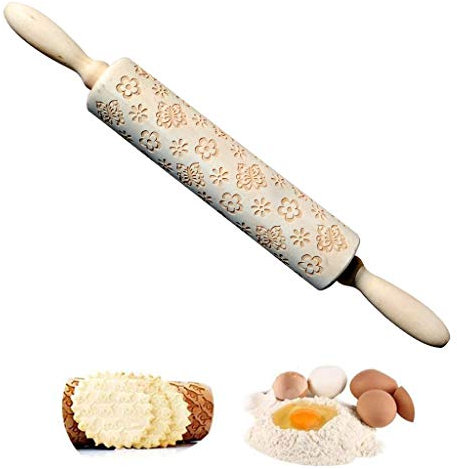 Embossing Rolling Pin, DesignerBox Easter Symbol Patterns Wooden Engraved Embossing Rolling Pin Baking Roll for DIY Baking Cookies Fondant Pastry Cake (Butterflies and Flowers)