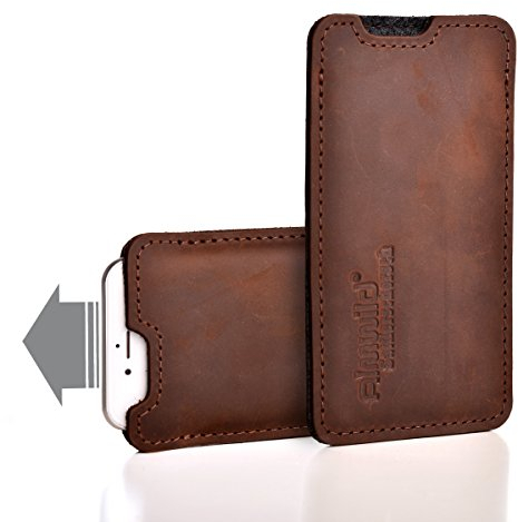 Almwild® Hülle, Tasche passend für Apple iPhone 13 Mini / 12 Mini aus echtem Rinds- Leder. In Braun. Handyhülle in Bayern handgefertigt. Modell Sattlerschorsch