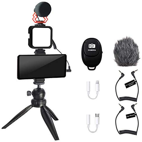 Mcoplus Video Vlogging Vlogger Kit Smartphone Video Microfono Kit con Treppiede/Clip per cellulare/Luce LED/microfono/3.5mm/Type-c/cavo cellulare/telecomando Bluetooth, per smartphone Samsung