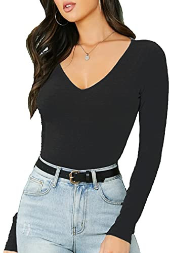 Women's Ladies Long Sleeve V Neck Basic Top Jersey Plain Stretchy Slim Fit Casual Wear T-Shirt Tee Tops 8-10 Black