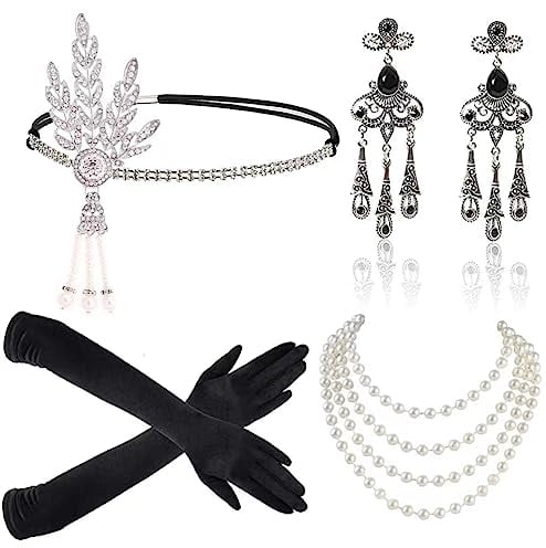 Meiruier 5 Stück1920 Zubehör-Set, 1920er Jahre Mode Stirnband Halter Lange Handschuhe Perlenkette Great Gatsby Accessoires für Frauen, Charleston Fancy Set (Style 3)