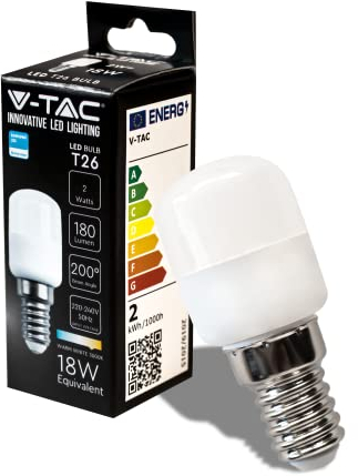 V-TAC Lampadina LED per Frigorifero e Lampade - Attacco E14-2W - 180 Lumen - Lampadine LED T26 Piccole per Massima Efficienza e Risparmio Energetico - Luce 3000K Bianca Calda