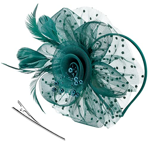 DRESHOW Fascinators Hat Flower Mesh Ribbons Feathers on a Headband and a Forked Clip Cocktail Tea Party Headwear for Girls and Women
