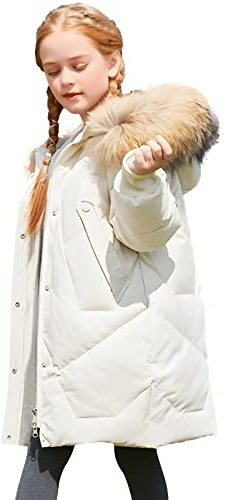 amropi Mantel Mädchen Daunenjacken mit Fell Kapuze Lang Winterjacke Wintermantel für 5-13 Jahre