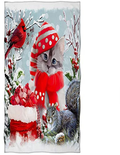 Violetpos Badetuch Weihnachten Katze Eichhörnchen Vogel Geschenk 70 cm x 140 cm Strandtuch