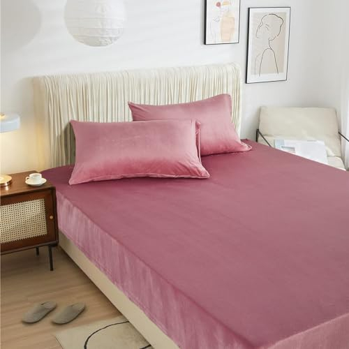 Fleece Spannbettlaken 140x200cm Altrosa Rosa Plüsch Warm Samt Kuschelige Bettlaken 140x200 Boxspringbett Frottee Spannbetttuch Biber Spannbetttücher Uni Muster Leintuch für Hohe Matratze bis 25-30 cm