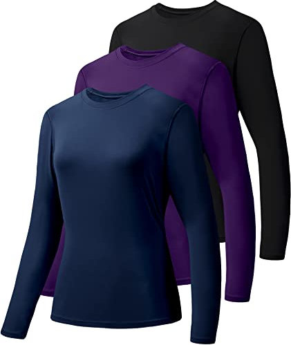 Holure 3er-Pack Damen Langarmshirts UPF50+ Sonnenschutz T-Shirts U-Ausschnitt Wandershirt Running Workout Performance Tee Schwarz/Lila/Dunkelblau L