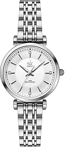 SHENGKE SK Classic Donne Orologi Moda Donne Dress Watch Solido Acciaio Inox Band Cinturino in Vera Pelle(Silver)