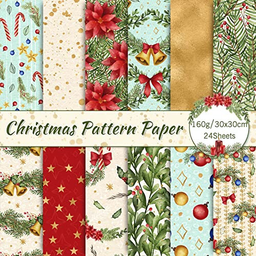 Whaline Weihnachts-Scrapbook-Papier, Aquarell-Muster, doppelseitig, bunt, flach gefaltet, für selbstgemachte Karten, Scrapbooking, Fotoalbum, Dekoration, 12 Designs, 30 x 30 cm, 24 Stück