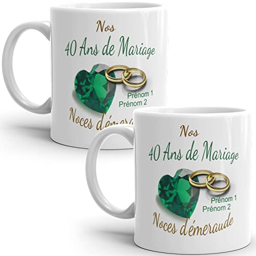 Mug duo 40 ans noces d'émeraude personnalisable anniversaire mariage 2 prénoms tasse Idée Cadeau Originale Famille couple mari femme noel fete époux épouse