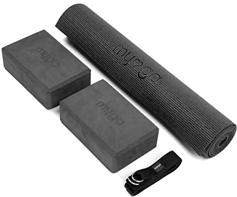 Myga Yoga-Starter-Set – Yogamatte, 2 Yoga-Blöcke und Yogagurt – Starter-Set mit Matte, 2 Steinen & Metall-D-Ring-Gürtel für Anfänger in Yoga, Pilates & Fitness (Schwarz)