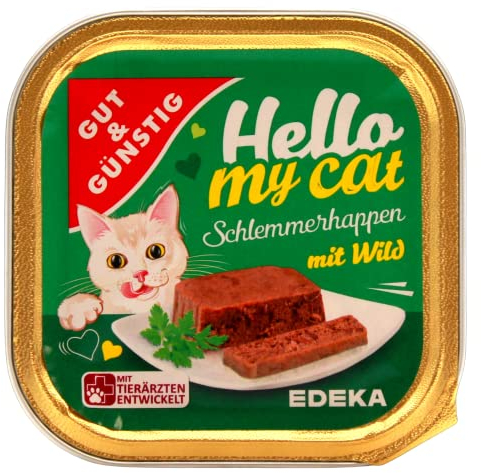 Gut & Günstig Hello My cat Schlemmerhappen mit Wild, 32er Pack (32 x 100g)
