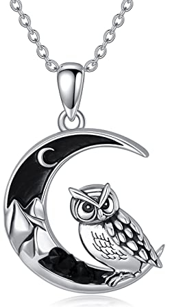 Shusukue Eulen Kette 925er Sterling Silber Eule Mond Halskette Schwarz Damen Gothic Anhänger Schmuck Geschenke für Frauen Mädchen