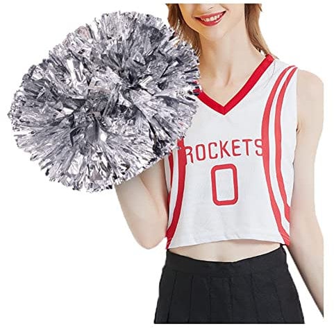 SHTGOI Cheerleading Pompons 2 Stück Metallic-Folie Cheerleading Pom Poms mit Handle Cheerleader Handblumen Cheers Blumenball für Sportveranstaltungen Ballspiele Tanzbedarf Silber