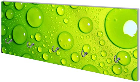 Wallario Wandgarderobe aus Glas in Größe 80 x 30 cm mit Memoboard-Funktion, Motiv: Wassertropfen auf Grün | 5 Kleiderhaken zum Aufhängen von Jacken