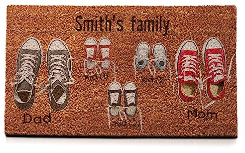 Wanapix | Fußmatte aus Kokosfasern Personalisiert mit Name | Original Türmatte für Innenbereiche | Unterseite | Familien Namen | 2 Schuhe + 3 Kind