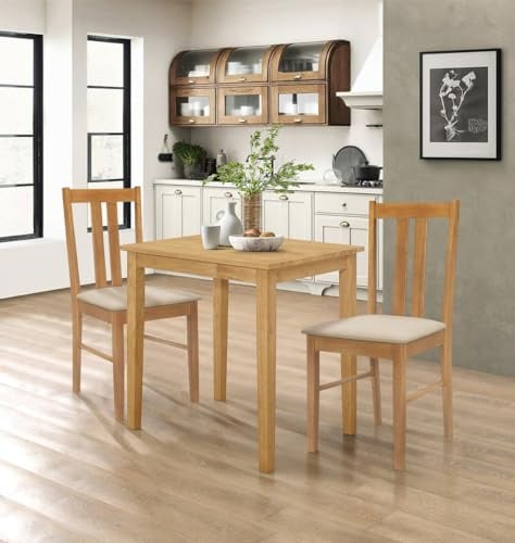 Hallowood Furniture Ledbury Kleiner Esstisch und 2 Stühle, Helles Eichenholz Rechteckiger Tisch und Stühle mit warmen cremefarbenen Stoffpolstersitzen, Esszimmer-Sets Perfekt für Zuhause, Büro und