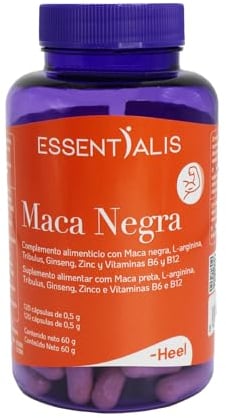 Essentialis Maca Negra-4000 mg de Maca andina concentrada por cápsula, tribulus, ginseng, arginina, B6, B12 y zinc-Potencia, Vitalidad, Vigor y Energía-Hombre y mujer- 120 cápsulas veganas-4 meses