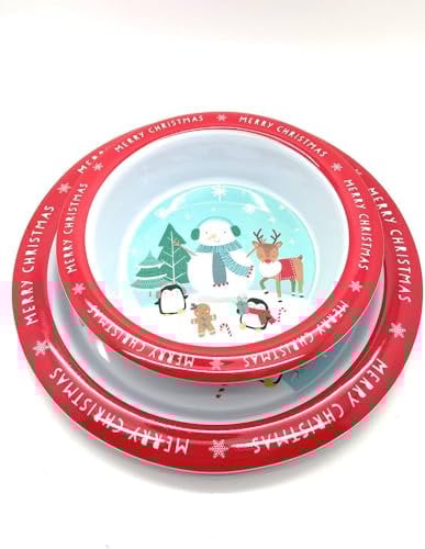 Swan Household Set of 2 Christmas Xmas Eve Plate Children Kids Treat Plate Meal Plate & Bowl (Red)