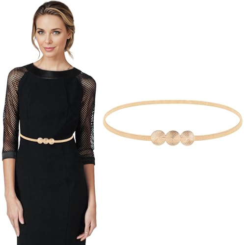 Amabro Damen Skinny Metallgürtel, dünner elastischer Gürtel für Kleid goldener Taillengürtel Stretchbund(B)