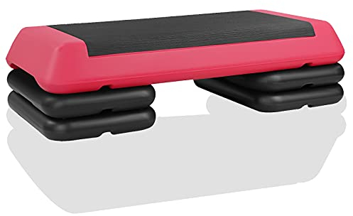 FUNJEPE Höhenverstellbarer Aerobic-Stepper für Fitness und Training, 3 Stufen, mit 4 Erhöhungen, verstellbar, 10 cm/15 cm/20 cm, für drinnen und draußen, Rot