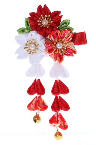 C-115-4 Rot Weiß Handmade Sakura Kirschblüte Stoff Blumen Quasten Haarclip Haarspange Japan Geisha Kimono Accessoir